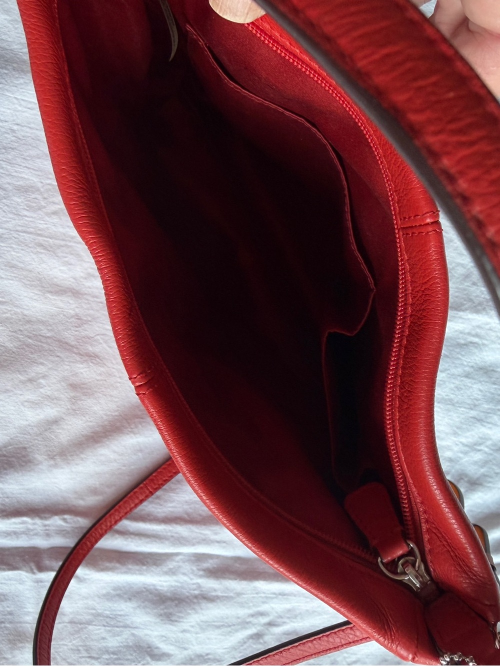 Coach Red Pebbled Leather Shoulder Bag with Tan Charm - Picture 3 of 8
